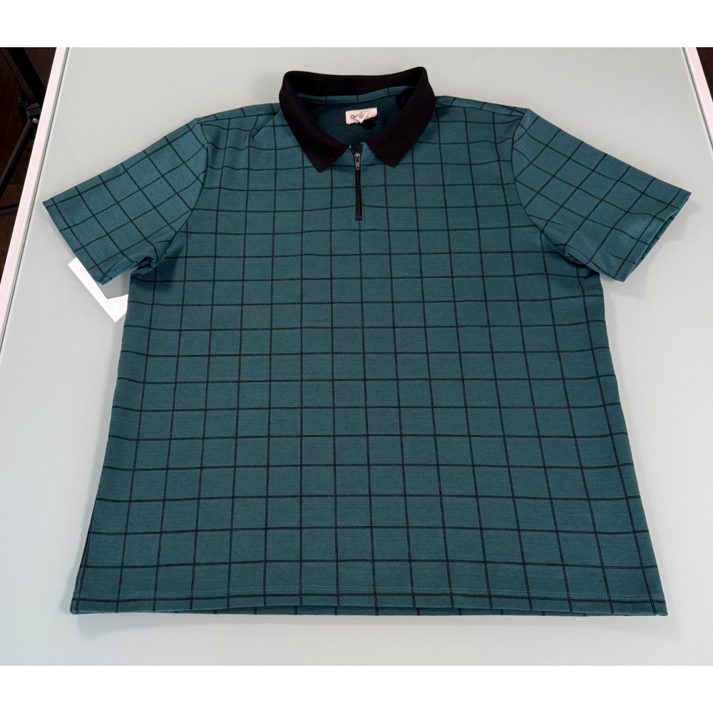 Open Edit Teal Grid Mens Polo Shirt 1/4 Zip Short Sleeve Casual - XL